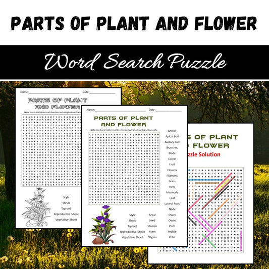 Parts Of Plant and Flower Word Search Puzzle Worksheet PDF