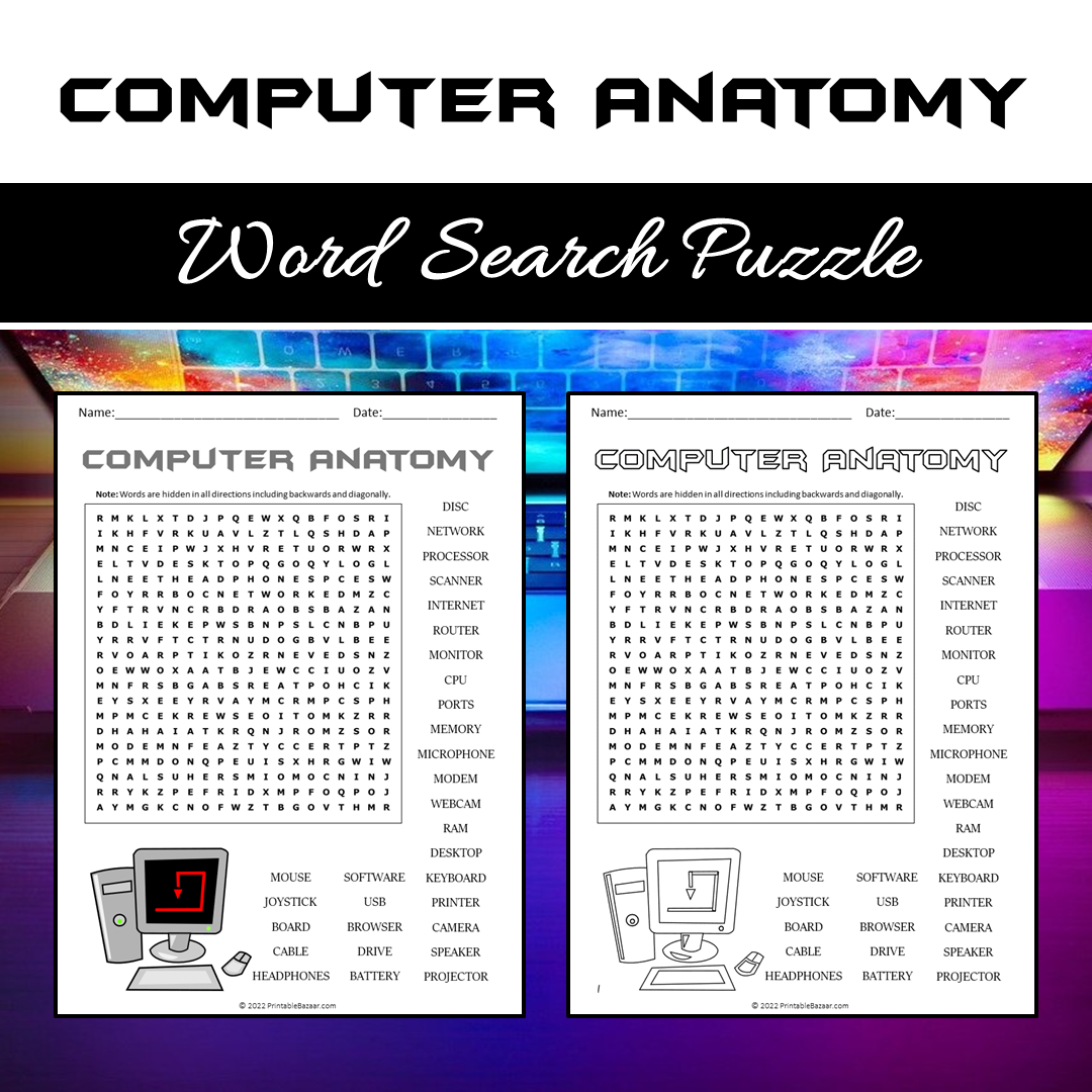 Computer Anatomy Word Search Puzzle Worksheet PDF