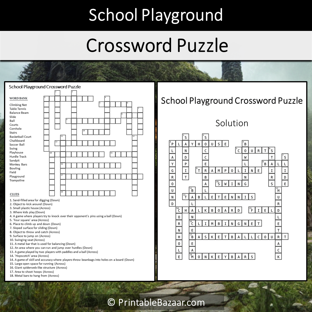 School Playground Crossword Puzzle Worksheet Activity Printable PDF