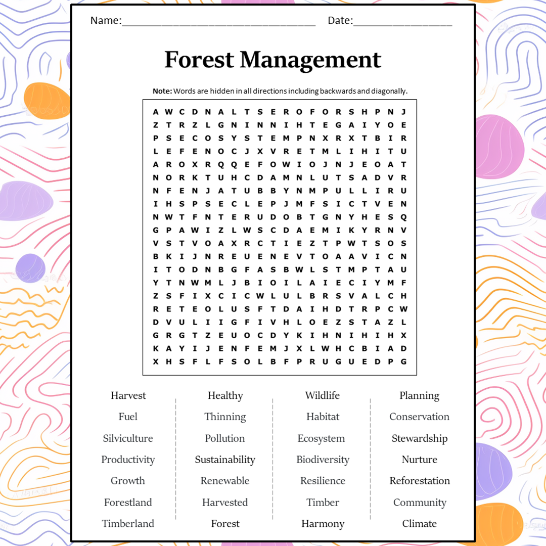 Forest Management Word Search Puzzle Worksheet Activity PDF