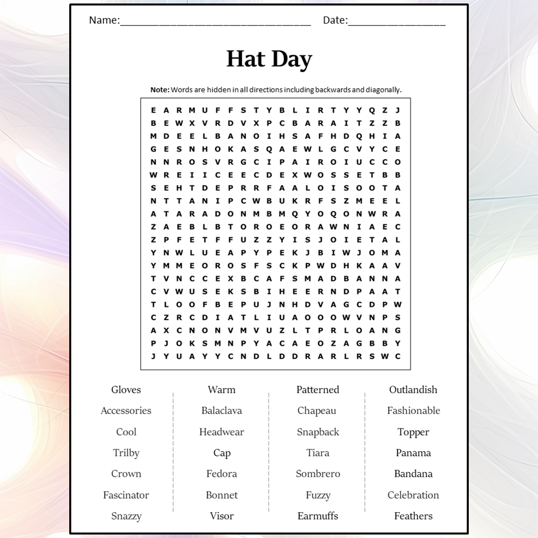 Hat Day Word Search Puzzle Worksheet Activity PDF