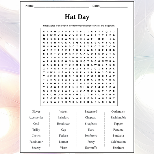 Hat Day Word Search Puzzle Worksheet Activity PDF