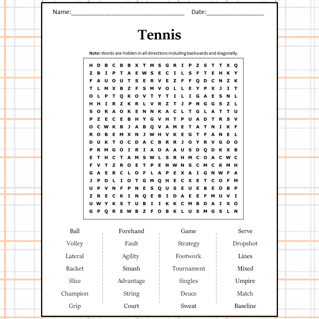 Tennis Word Search Puzzle Worksheet Activity PDF – PrintableBazaar