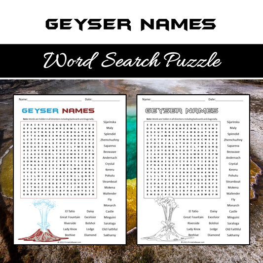 Geyser Names Word Search Puzzle Worksheet PDF