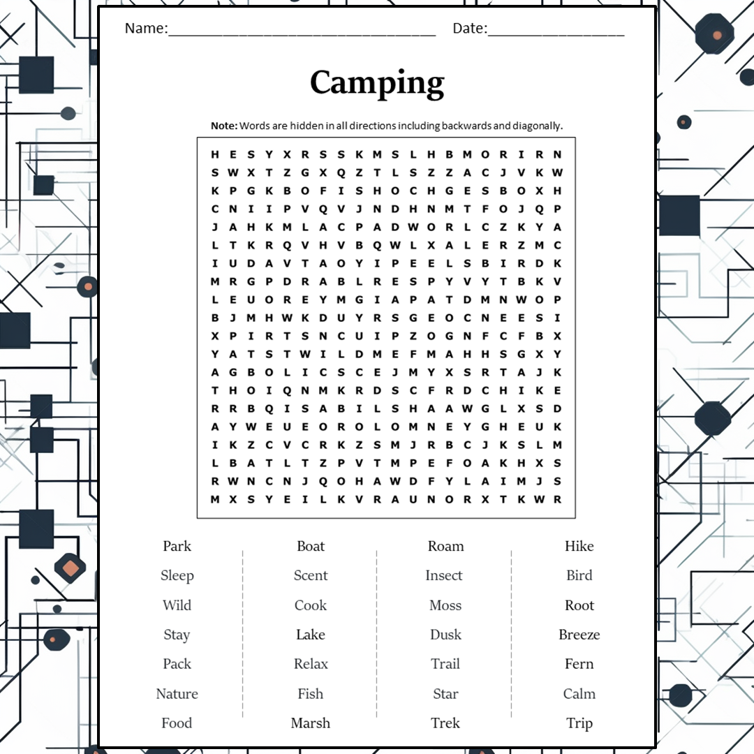 Camping Word Search Puzzle Worksheet Activity PDF