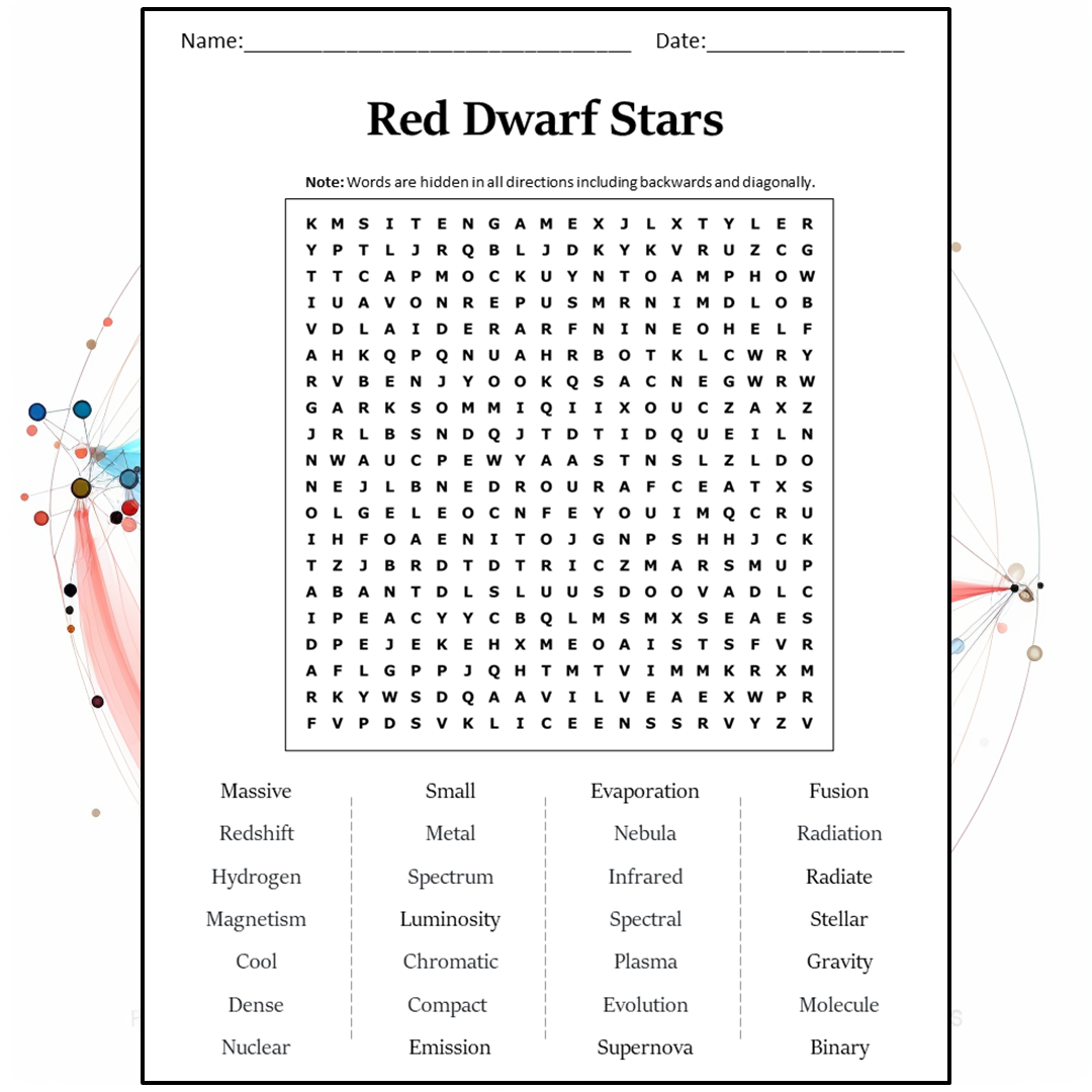 Red Dwarf Stars Word Search Puzzle Worksheet Activity PDF