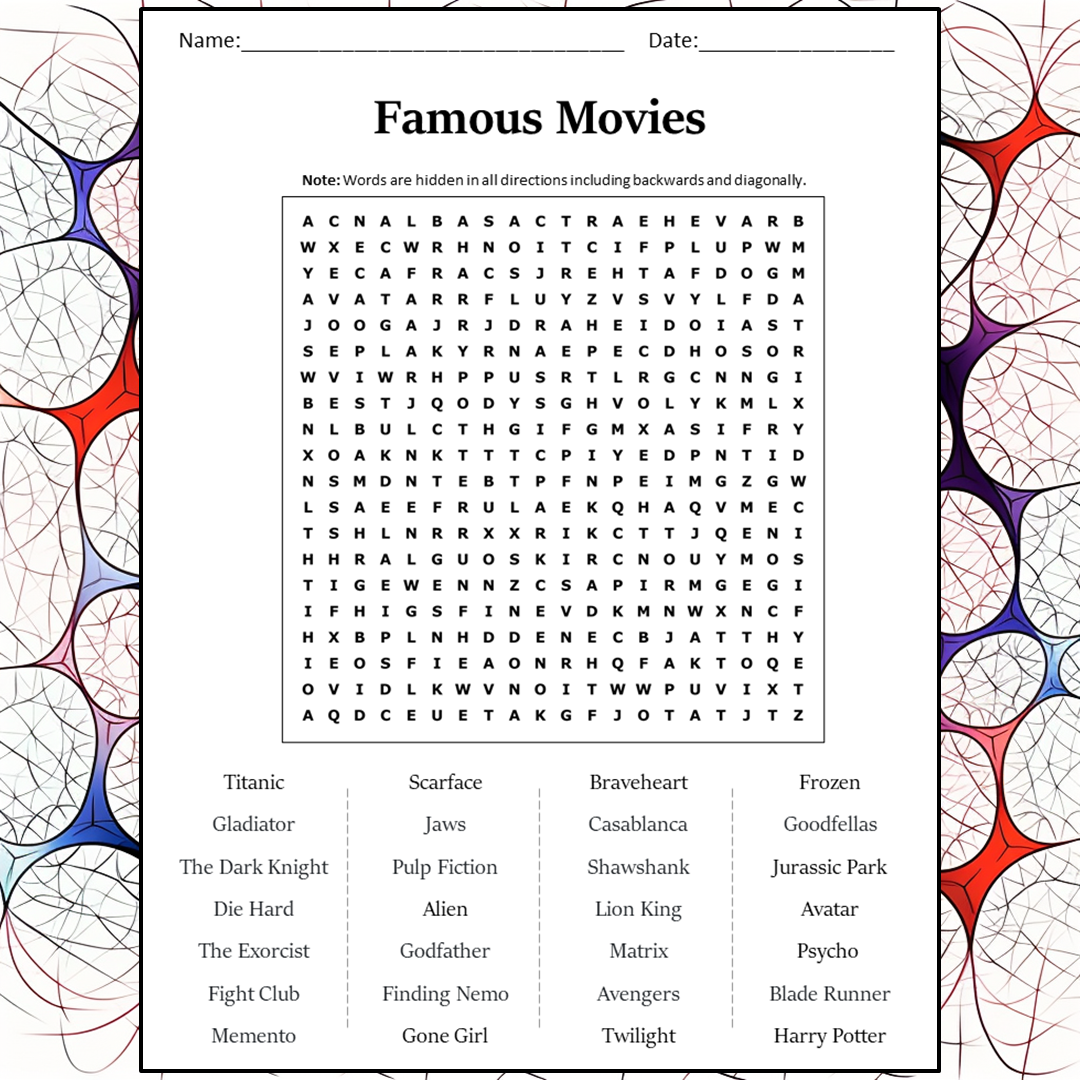 Famous Movies Word Search Puzzle Worksheet Activity PDF