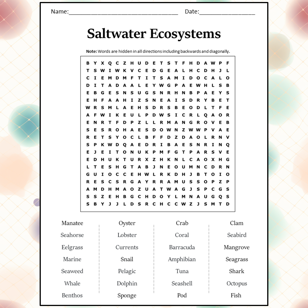 Saltwater Ecosystems Word Search Puzzle Worksheet Activity PDF