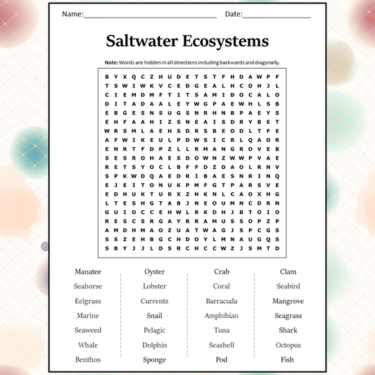 Saltwater Ecosystems Word Search Puzzle Worksheet Activity PDF