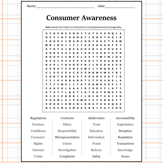 Consumer Awareness Word Search Puzzle Worksheet Activity PDF