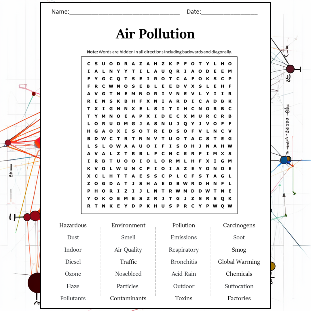 Air Pollution Word Search Puzzle Worksheet Activity PDF