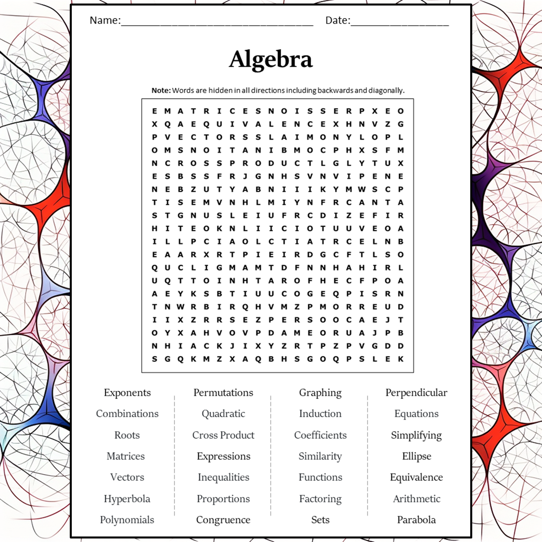 Algebra Word Search Puzzle Worksheet Activity PDF