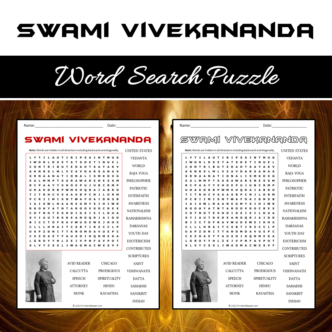 Swami Vivekananda Word Search Puzzle Worksheet PDF