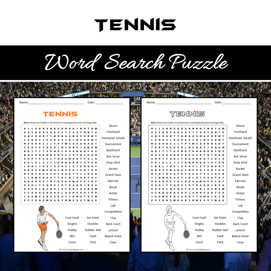 Tennis Word Search Puzzle Worksheet PDF