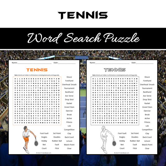 Tennis Word Search Puzzle Worksheet PDF