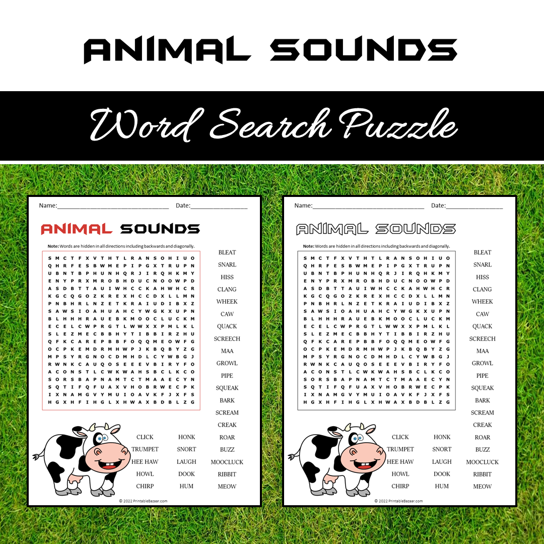 Animal Sounds Word Search Puzzle Worksheet PDF