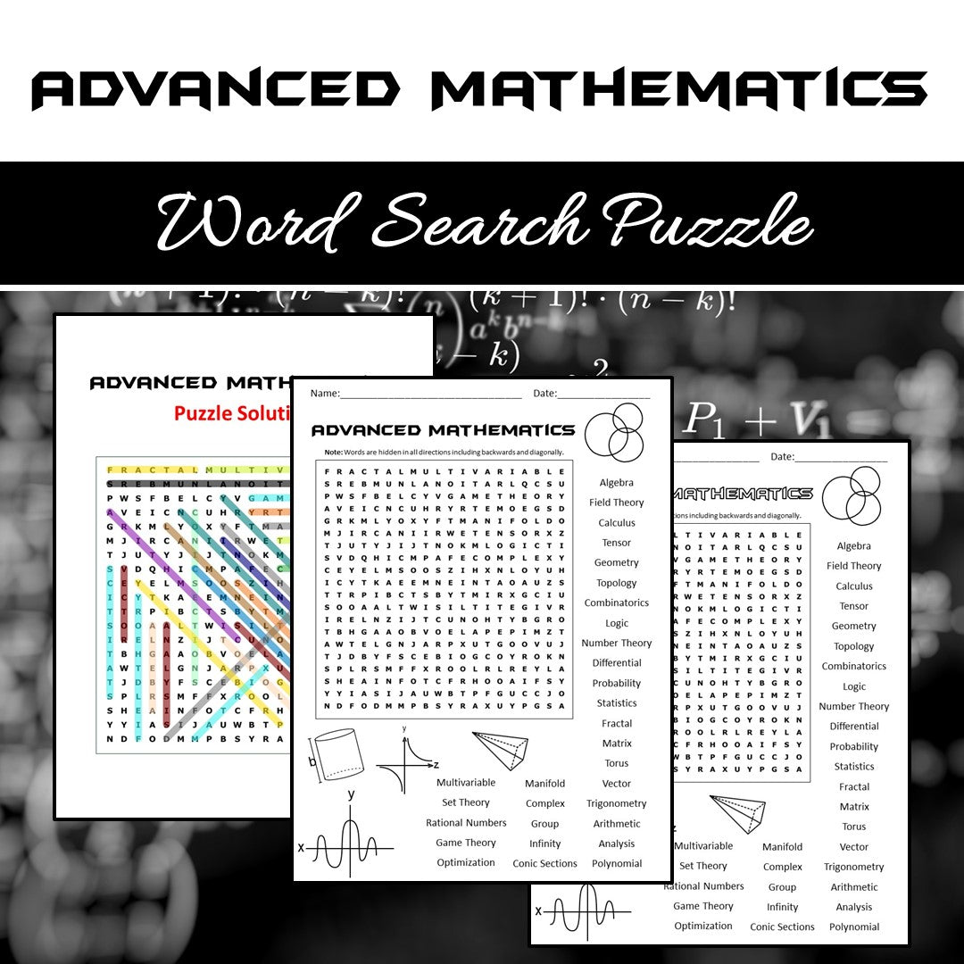 Advanced Mathematics Topics Word Search Puzzle Worksheet PDF