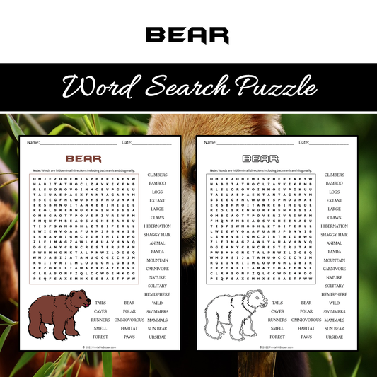 Bear Word Search Puzzle Worksheet PDF