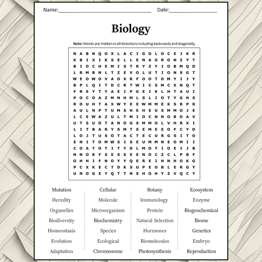 Biology Word Search Puzzle Worksheet Activity PDF