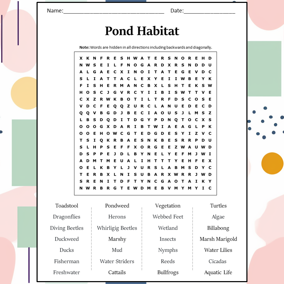 Pond Habitat Word Search Puzzle Worksheet Activity PDF