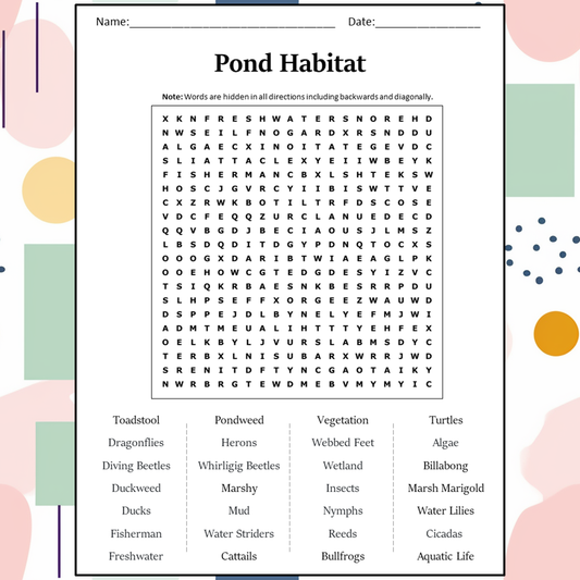 Pond Habitat Word Search Puzzle Worksheet Activity PDF