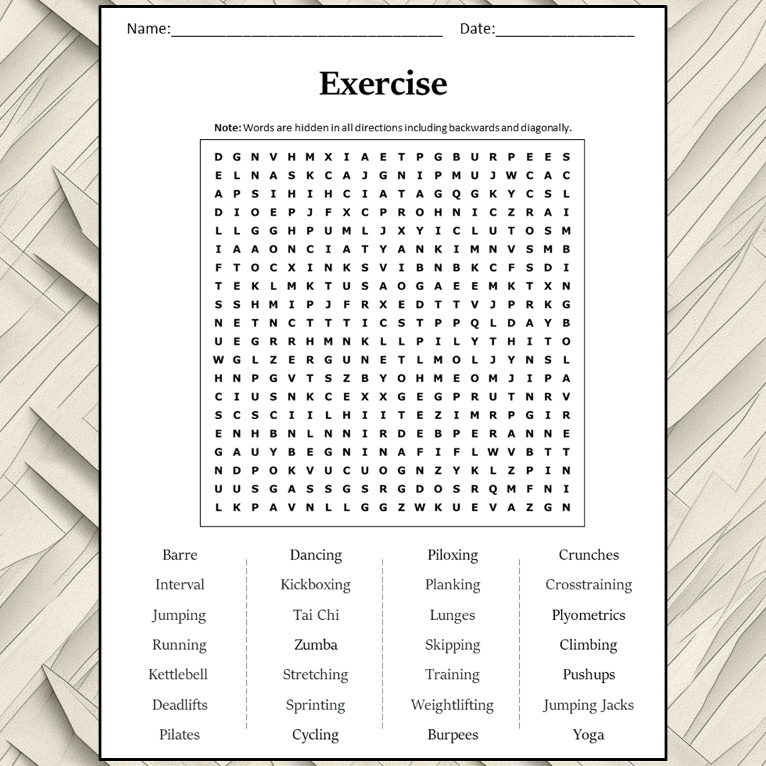 Exercise Word Search Puzzle Worksheet Activity PDF