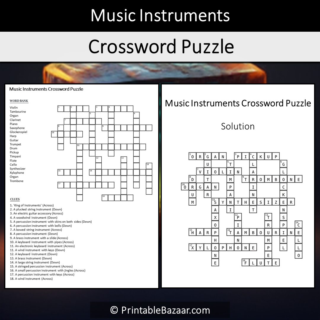 Music Instruments Crossword Puzzle Worksheet Activity Printable PDF