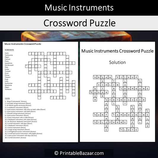 Music Instruments Crossword Puzzle Worksheet Activity Printable PDF