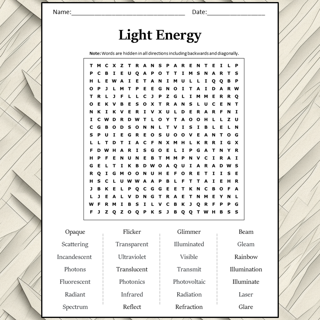 Light Energy Word Search Puzzle Worksheet Activity PDF