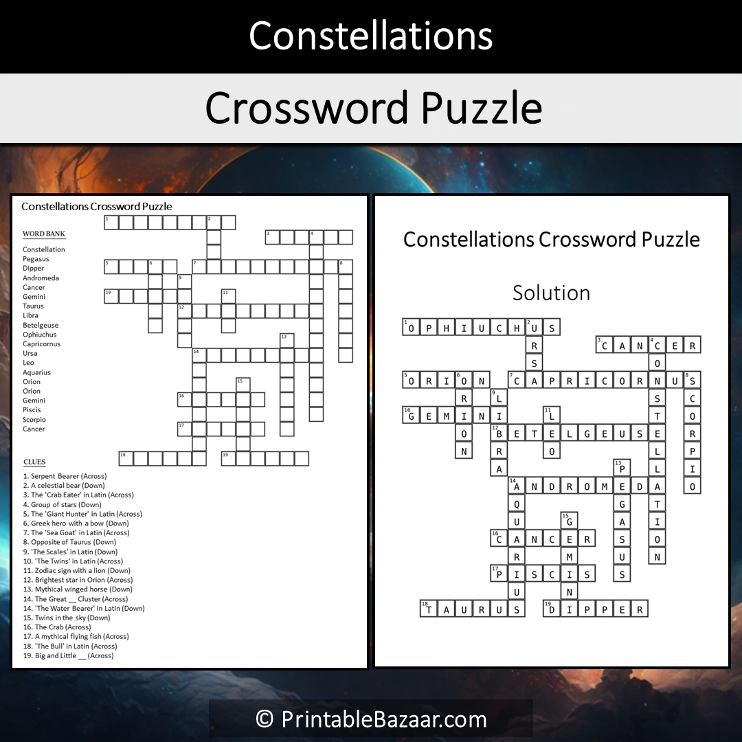 Constellations Crossword Puzzle Worksheet Activity Printable PDF