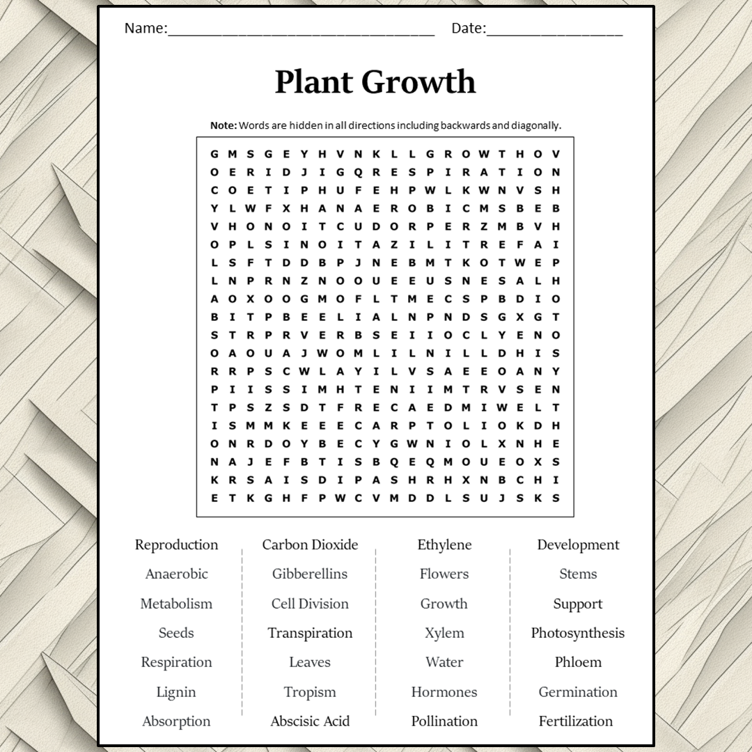 Plant Growth Word Search Puzzle Worksheet Activity PDF