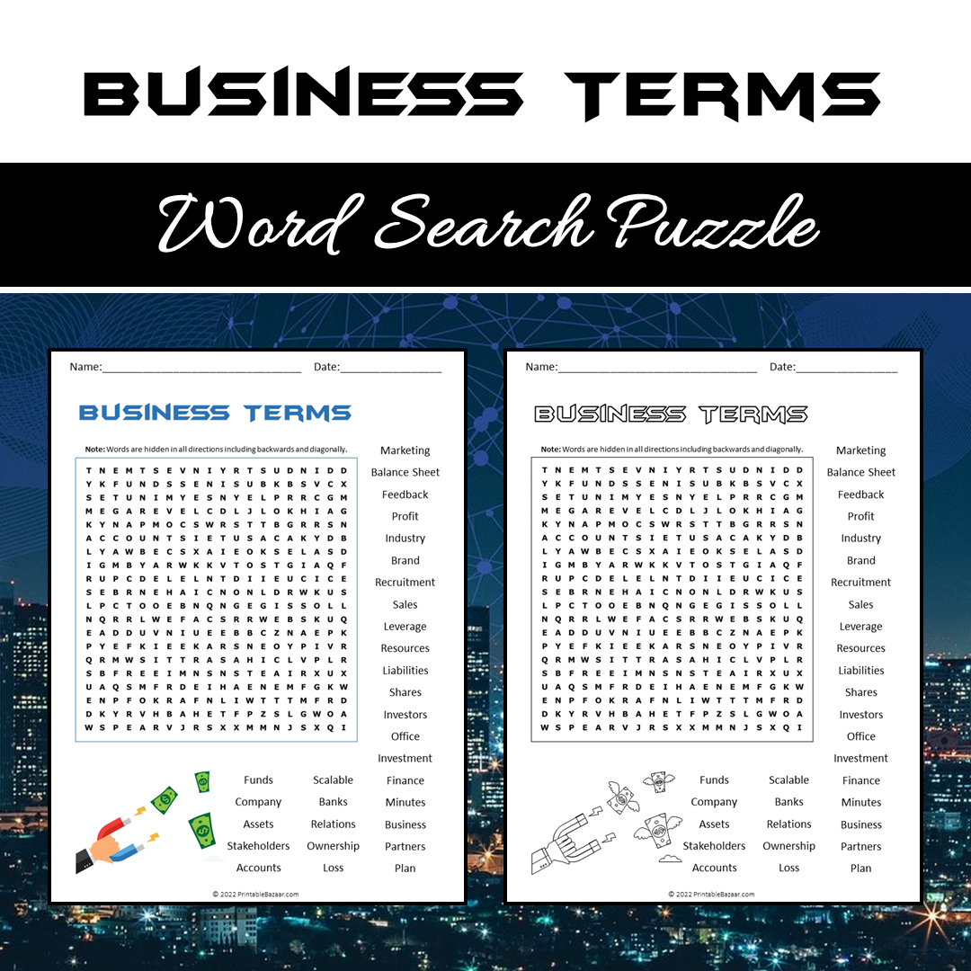 Business Terms Word Search Puzzle Worksheet PDF