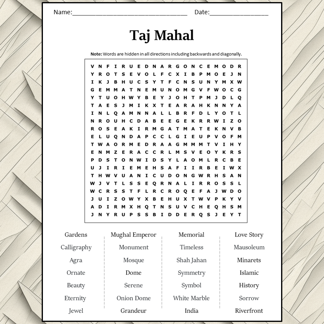 Taj Mahal Word Search Puzzle Worksheet Activity PDF