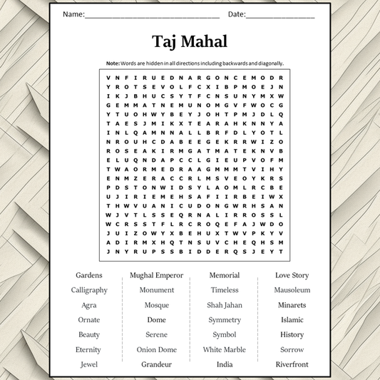 Taj Mahal Word Search Puzzle Worksheet Activity PDF