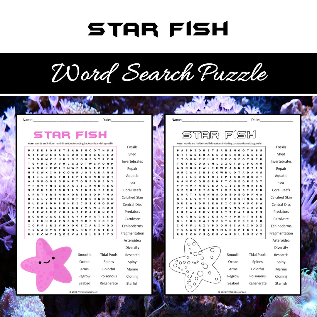 Star Fish Word Search Puzzle Worksheet PDF