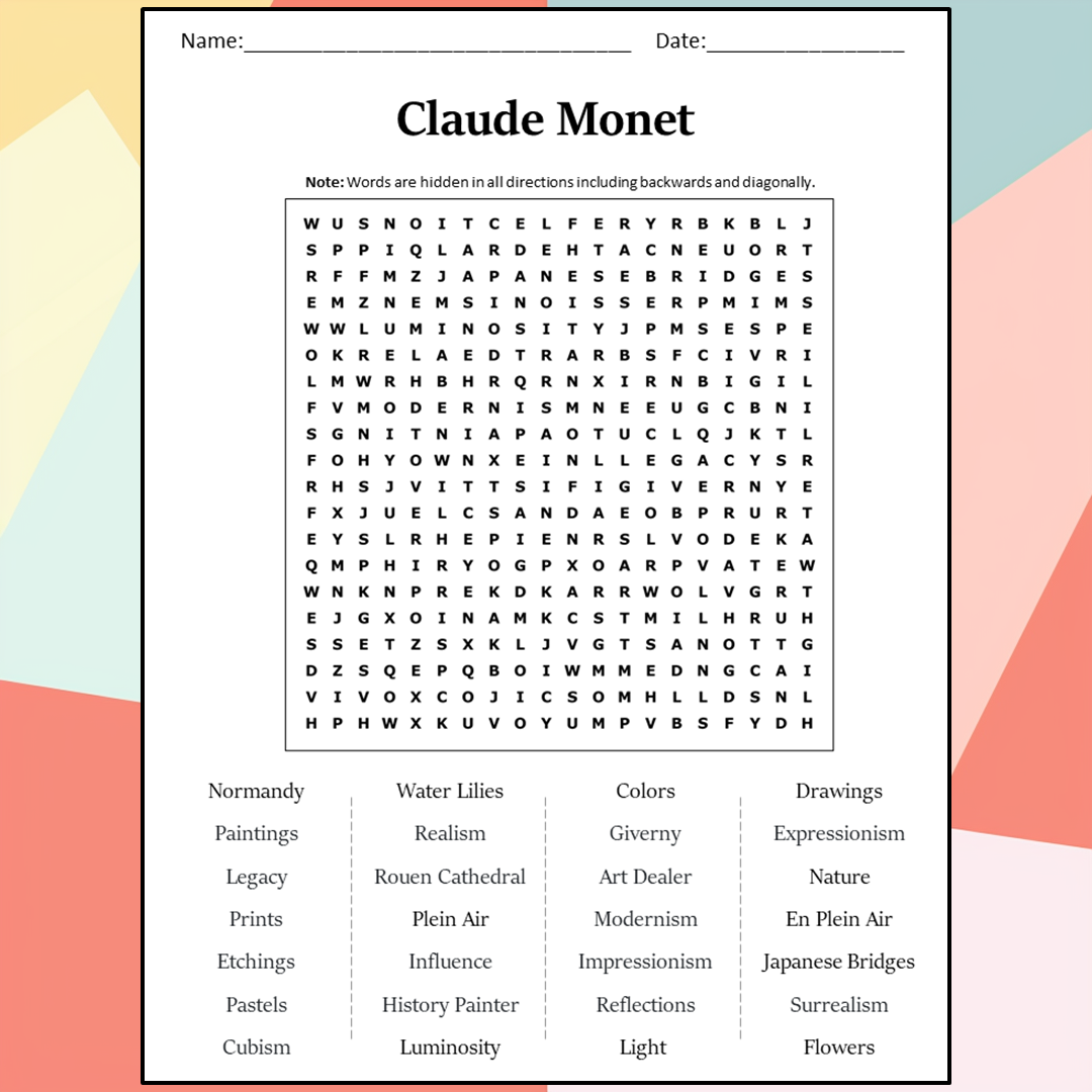 Claude Monet Word Search Puzzle Worksheet Activity PDF