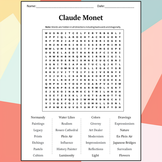 Claude Monet Word Search Puzzle Worksheet Activity PDF