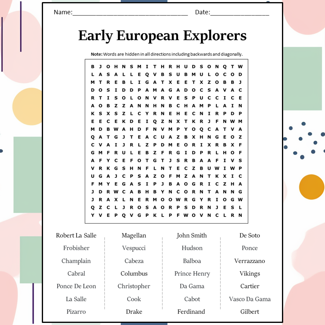 Early European Explorers Word Search Puzzle Worksheet Activity PDF