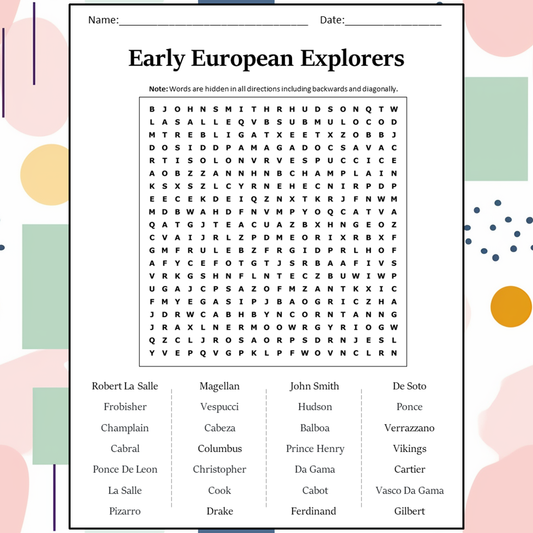 Early European Explorers Word Search Puzzle Worksheet Activity PDF