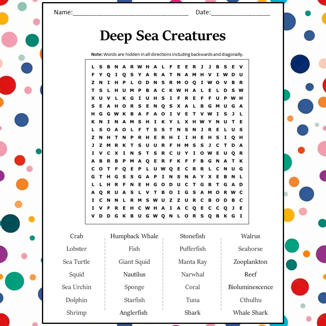 Deep Sea Creatures Word Search Puzzle Worksheet Activity PDF