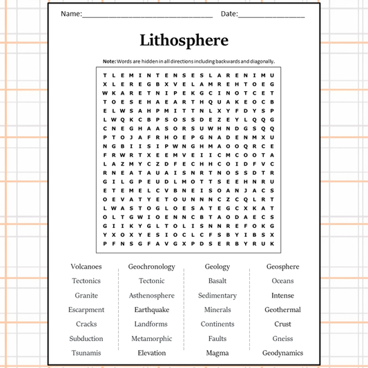 Lithosphere Word Search Puzzle Worksheet Activity PDF