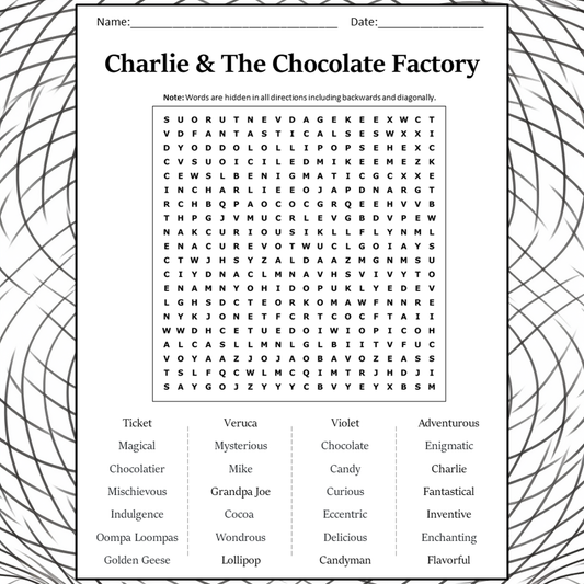 Charlie & The Chocolate Factory Word Search Puzzle Worksheet Activity PDF