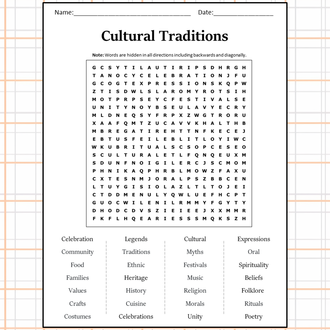 Cultural Traditions Word Search Puzzle Worksheet Activity PDF