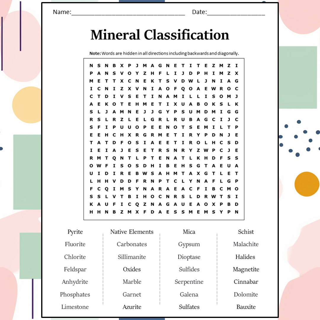 Mineral Classification Word Search Puzzle Worksheet Activity PDF