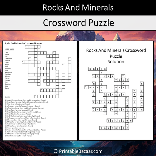 Rocks And Minerals Crossword Puzzle Worksheet Activity Printable PDF