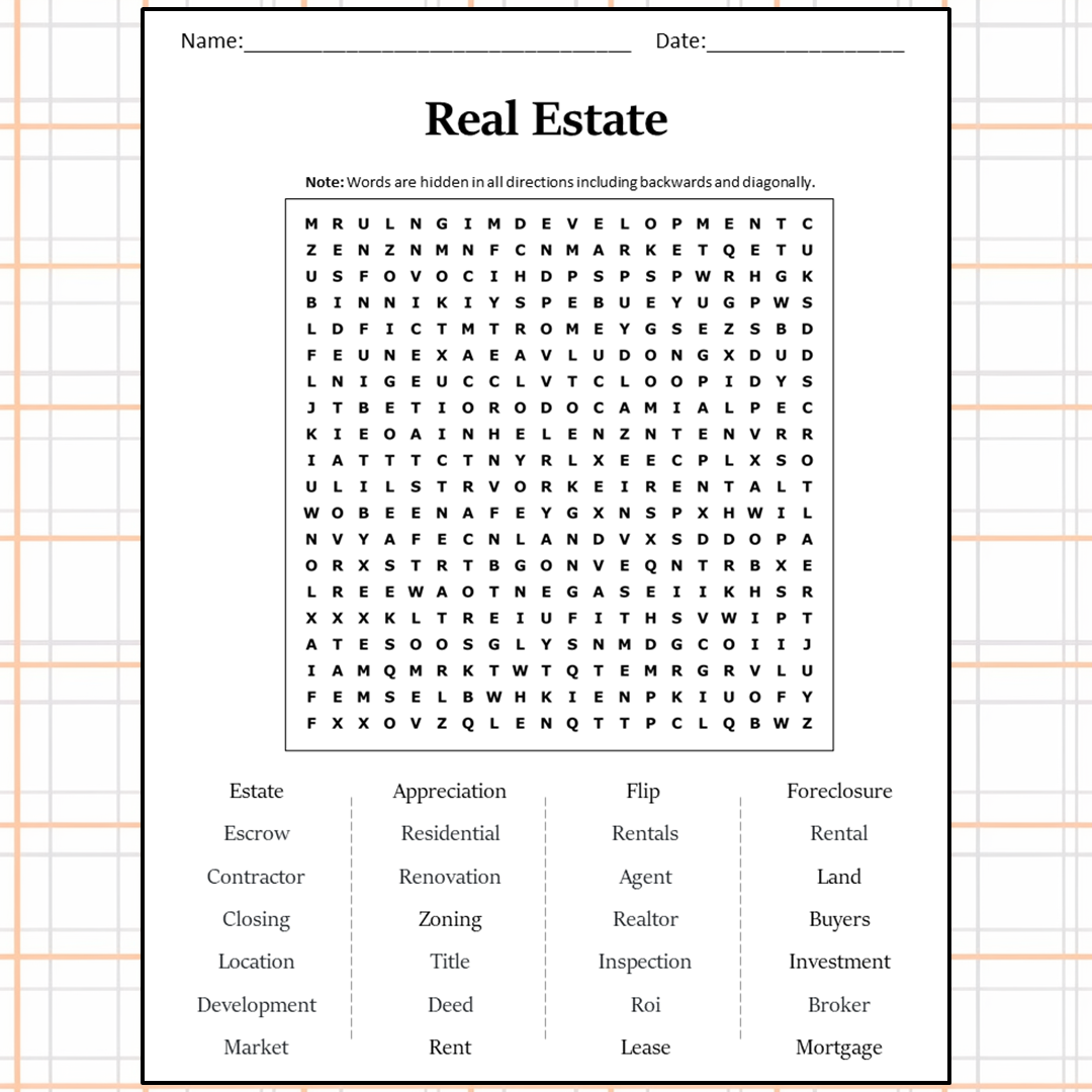 Real Estate Word Search Puzzle Worksheet Activity PDF