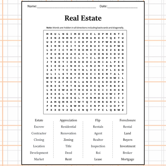 Real Estate Word Search Puzzle Worksheet Activity PDF