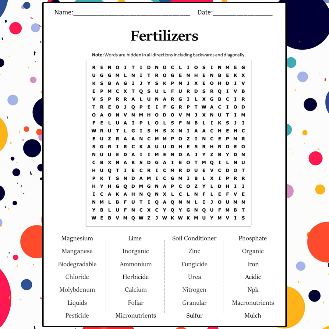 Fertilizers Word Search Puzzle Worksheet Activity PDF