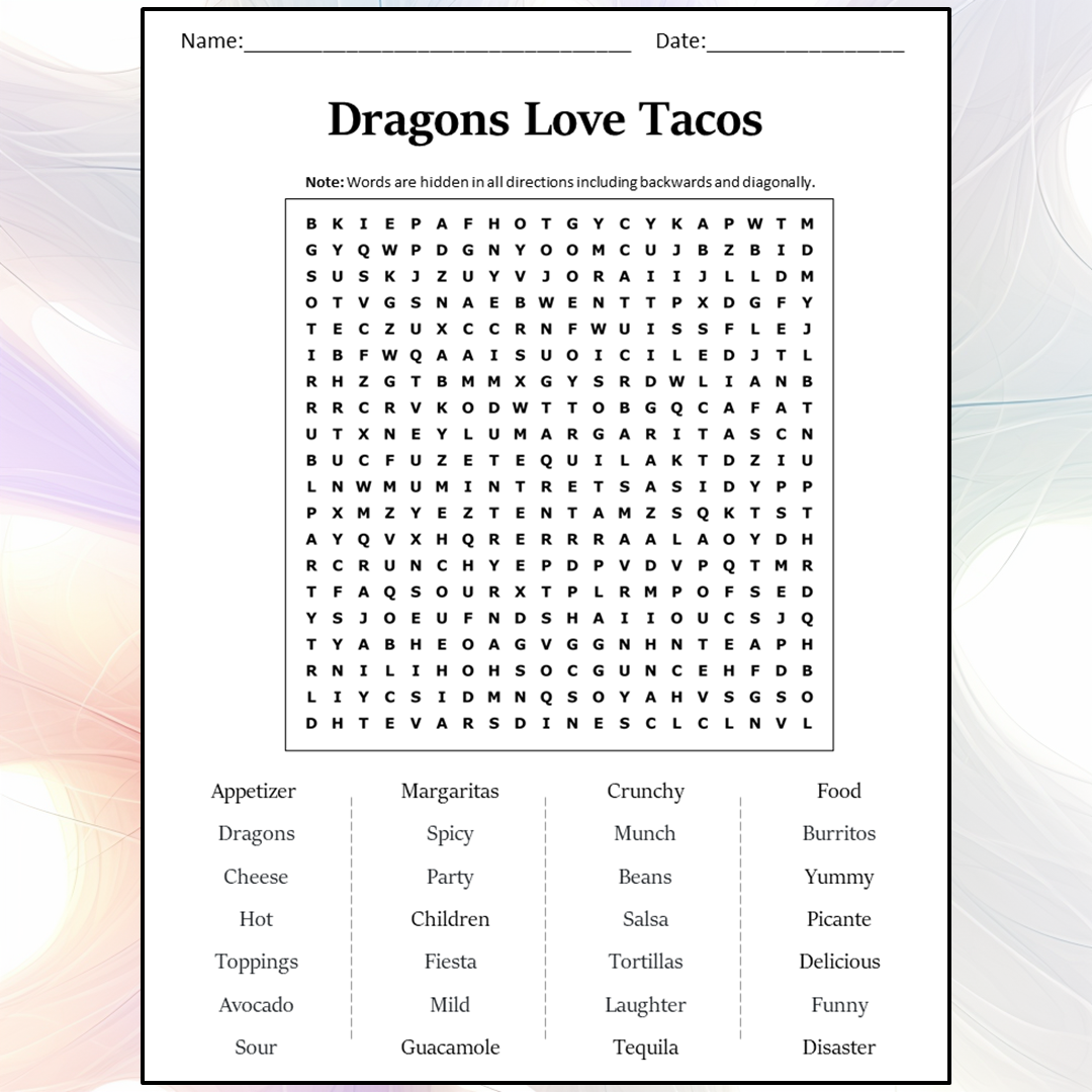 Dragons Love Tacos Word Search Puzzle Worksheet Activity PDF