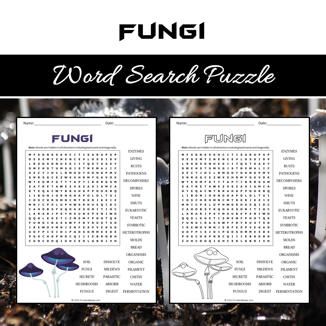 Fungi Word Search Puzzle Worksheet PDF